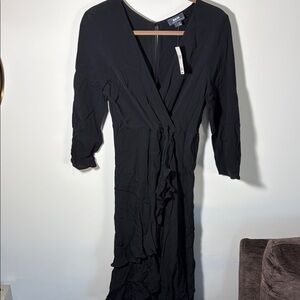 Maeve Ruffle Wrap Black Long Sleeve Dress-